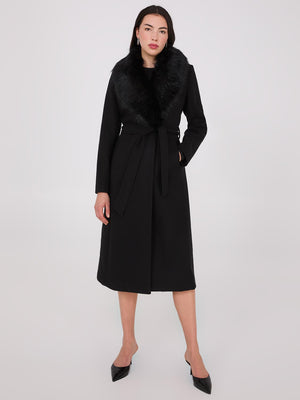 Long Wrap Coat With Faux Fur Collar Black