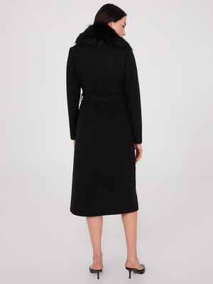 Long Wrap Coat With Faux Fur Collar Black