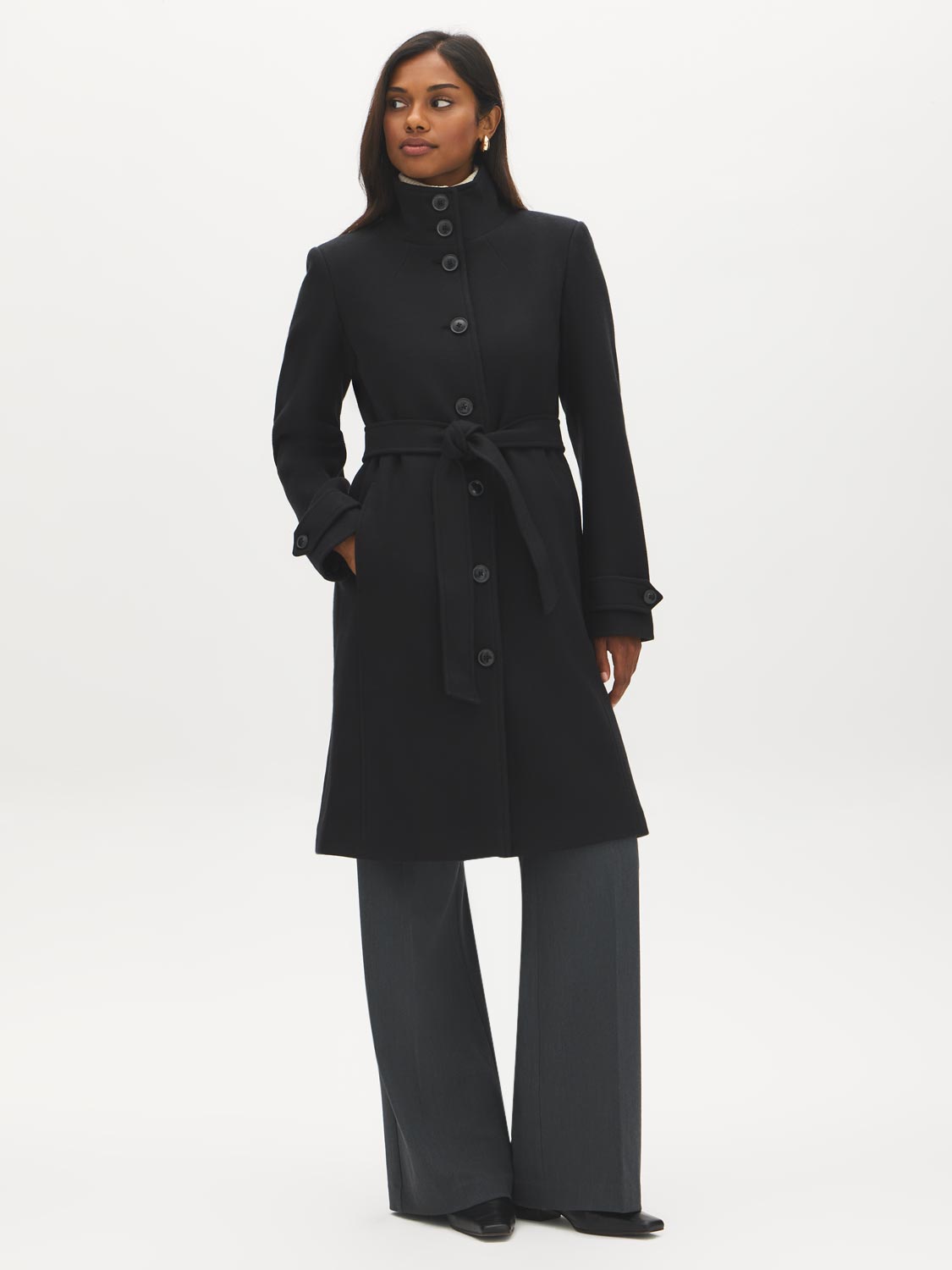 Black Faux Wool Funnel Neck Coat with Wrap Belt - Woman Wearing Mid-Length Winter Coat - Suzy Shier