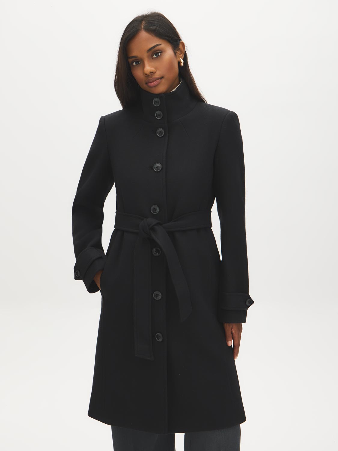 Black Faux Wool Funnel Neck Coat with Wrap Belt - Woman Wearing Mid-Length Winter Coat - Suzy Shier