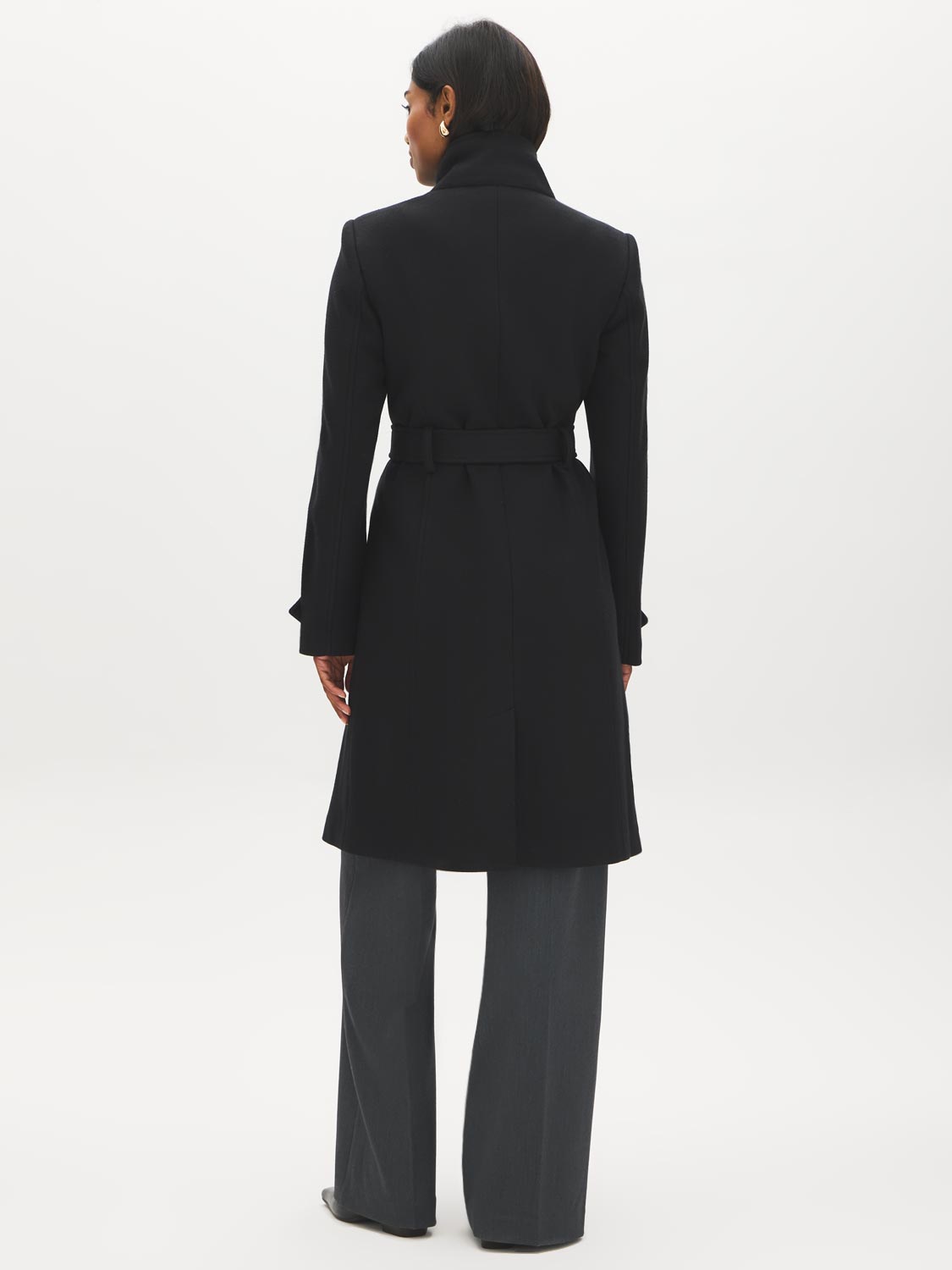Black Faux Wool Funnel Neck Coat with Wrap Belt - Woman Wearing Mid-Length Winter Coat - Suzy Shier