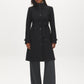 Black Faux Wool Funnel Neck Coat with Wrap Belt - Woman Wearing Mid-Length Winter Coat - Suzy Shier