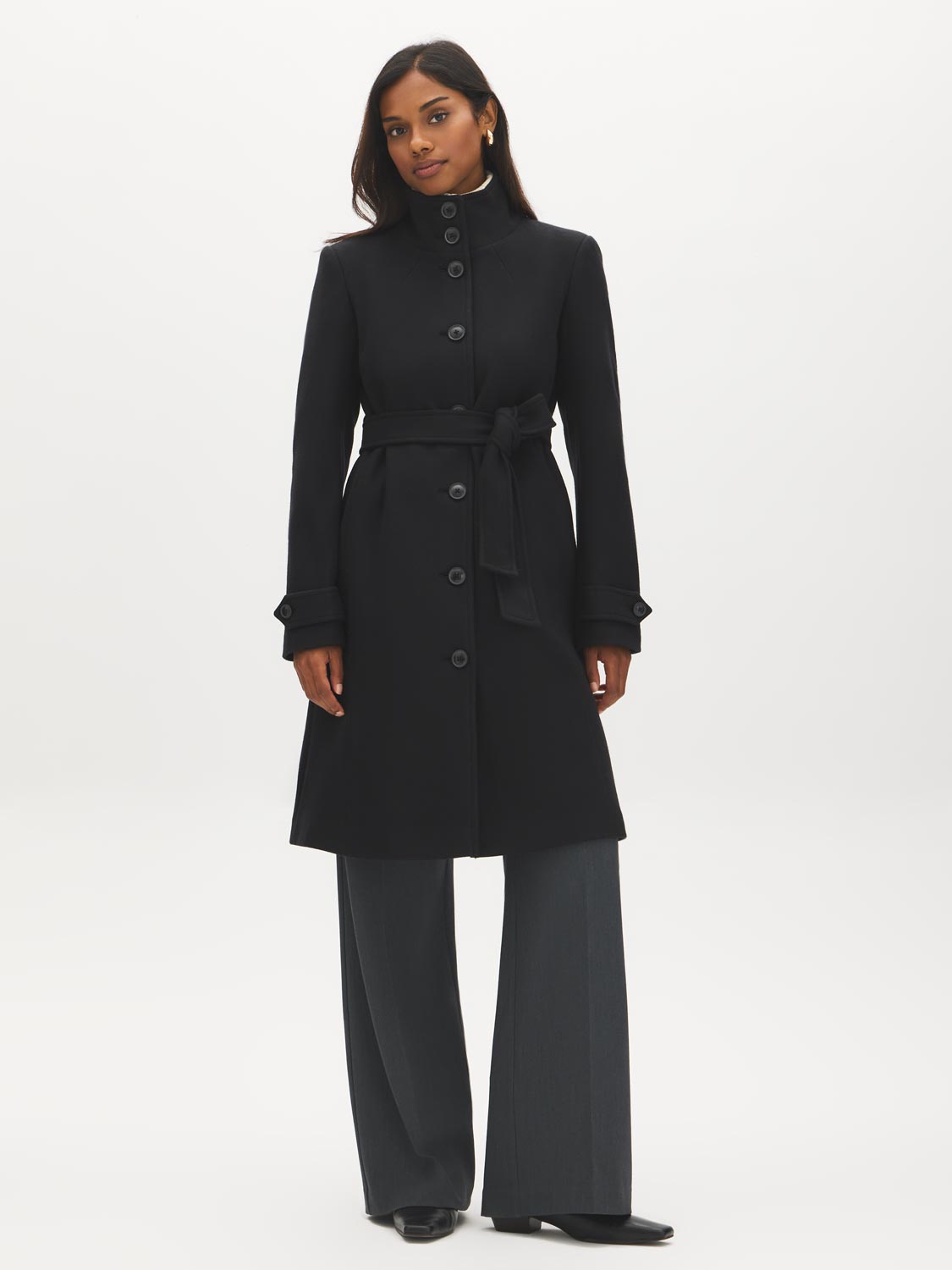 Black Faux Wool Funnel Neck Coat with Wrap Belt - Woman Wearing Mid-Length Winter Coat - Suzy Shier