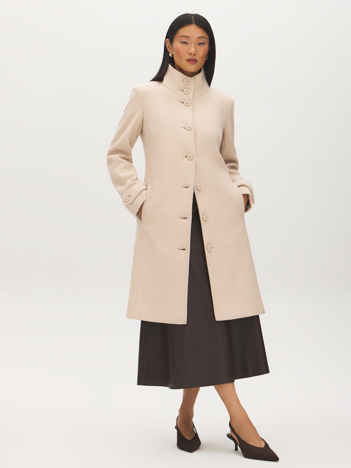 Makeup Faux Wool Funnel Neck Coat with Wrap Belt  - Suzy Shier