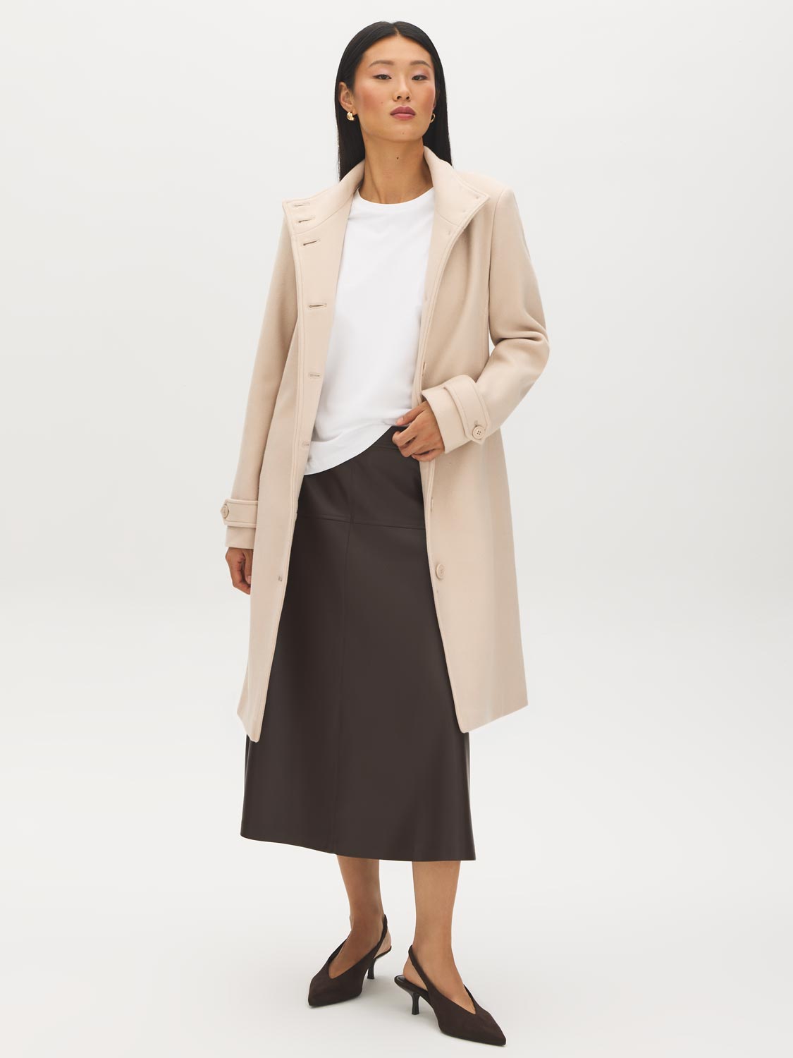 Makeup Faux Wool Funnel Neck Coat with Wrap Belt  - Suzy Shier