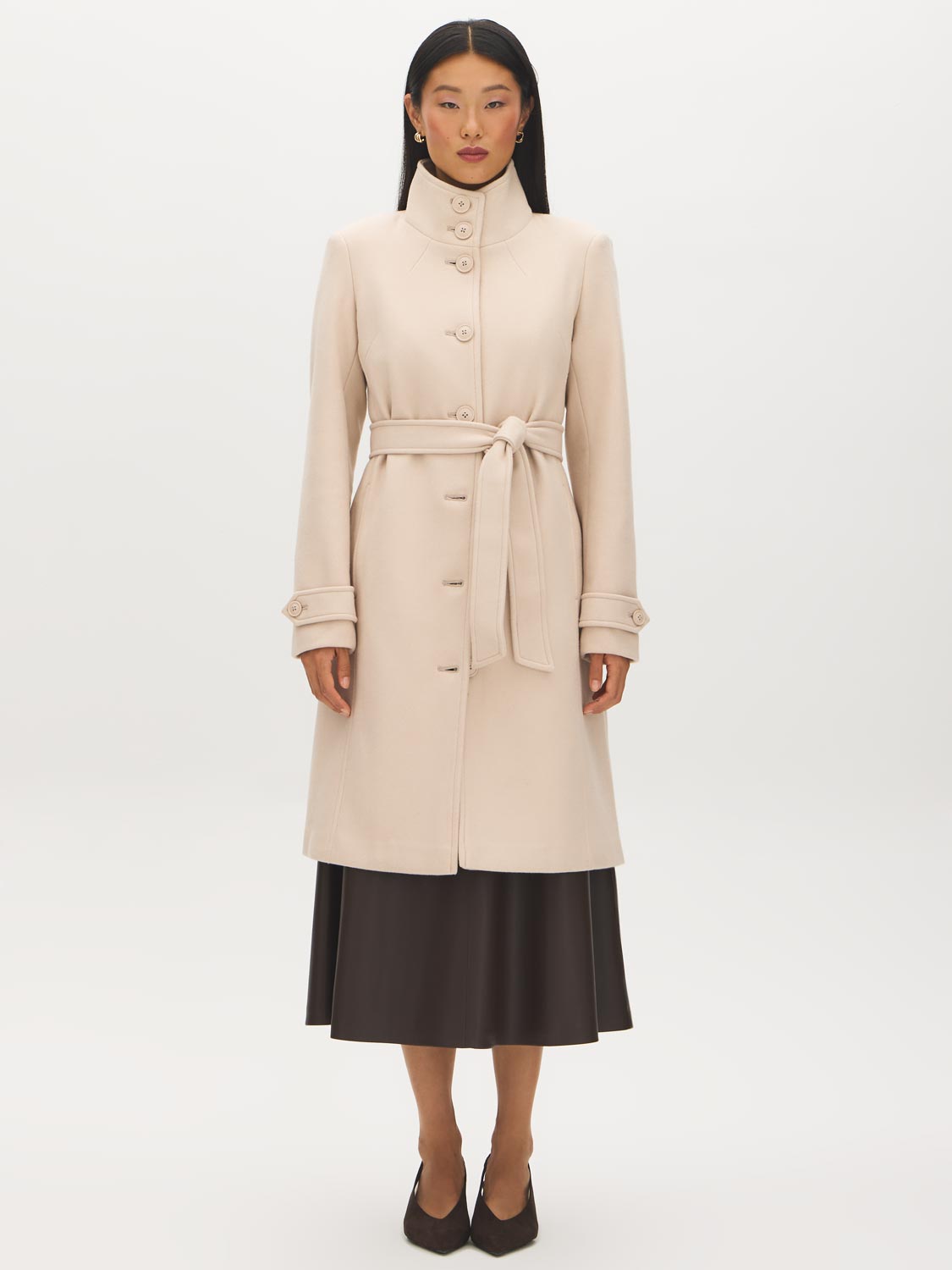 Makeup Faux Wool Funnel Neck Coat with Wrap Belt  - Suzy Shier