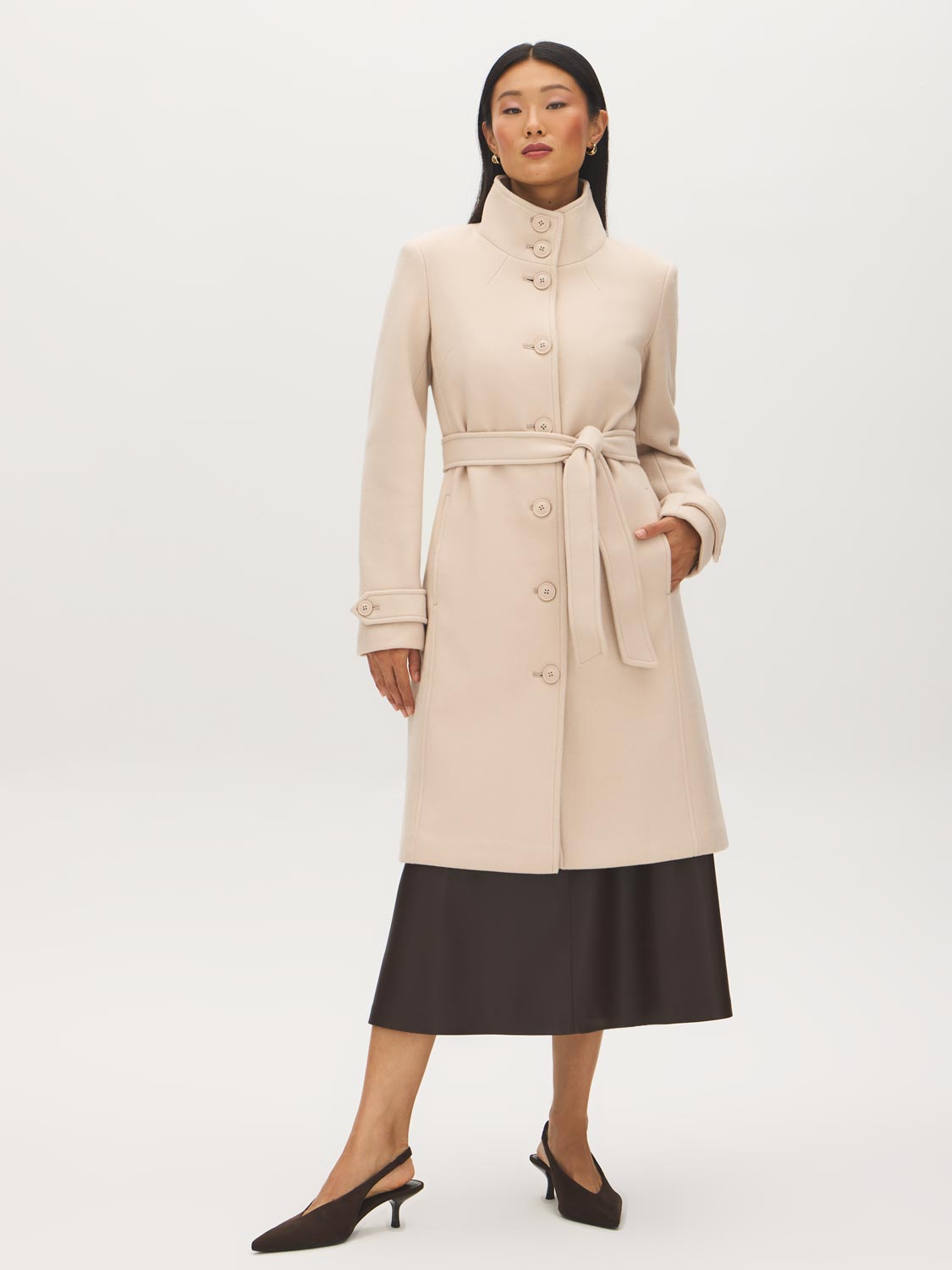 Makeup Faux Wool Funnel Neck Coat with Wrap Belt  - Suzy Shier