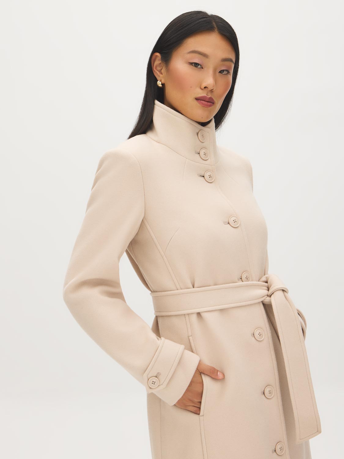 Makeup Faux Wool Funnel Neck Coat with Wrap Belt  - Suzy Shier