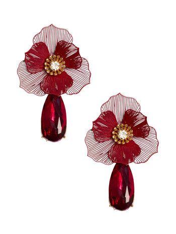 Filigree Flower Earrings With Teardrop Gem Gold