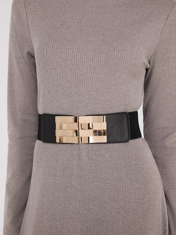 Ceinture élastique à boucle carrée dorée Black