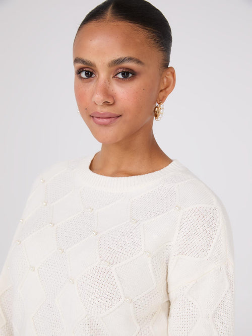 Pearl Embellished Diamond Cable Sweater