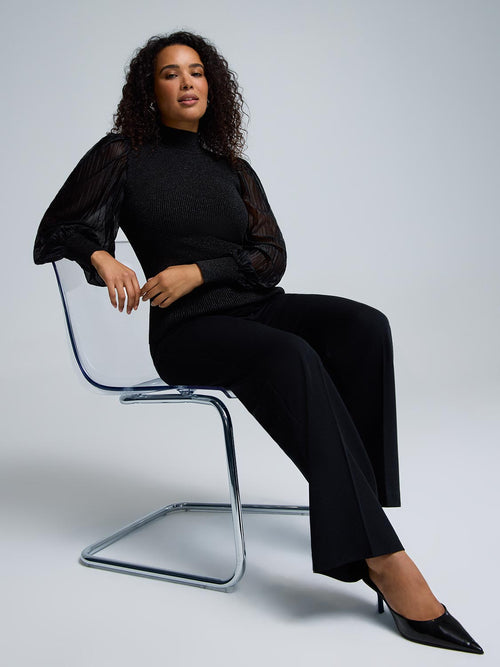 Metallic Plisse Sleeve Mock Neck Top