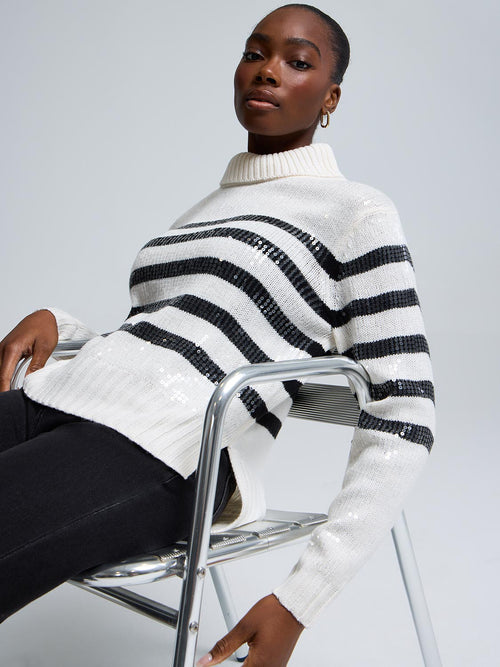 Sequin Striped Turtleneck Sweater