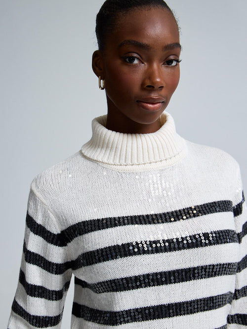 Sequin Striped Turtleneck Sweater