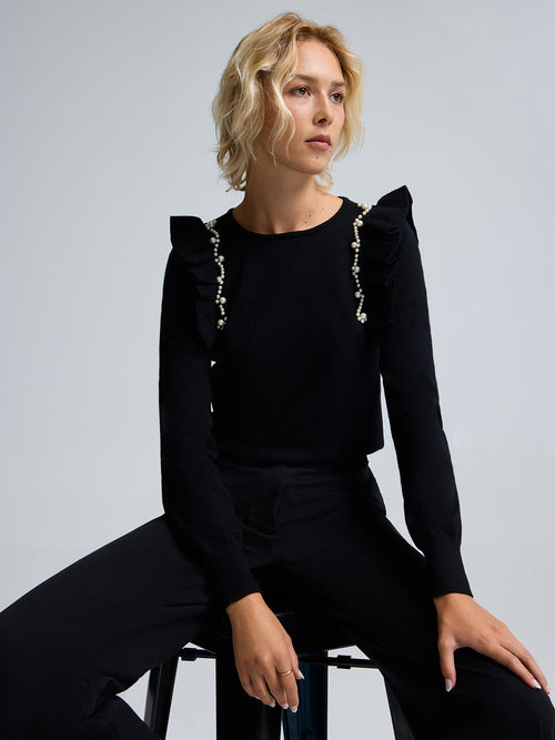 Pearl Embellished Ruffle Sweater