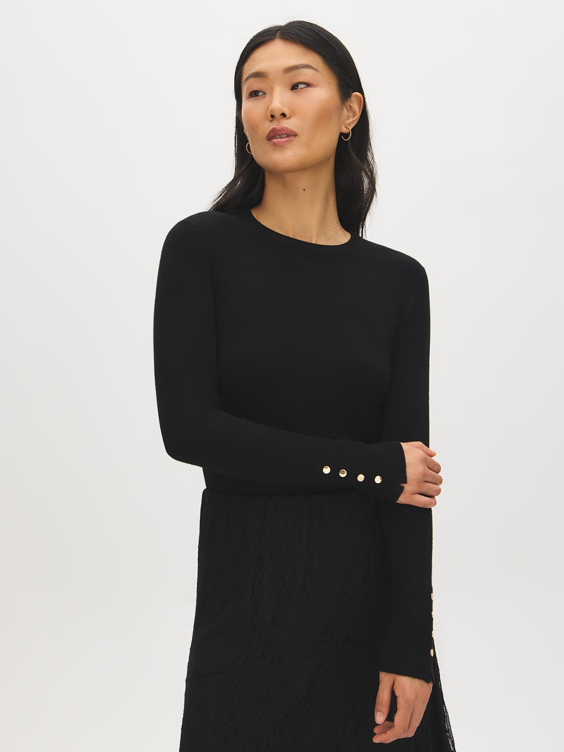 Black Snap Button Sleeve Knit Sweater - Woman Wearing Crew Neck Sweater with Sleeve Detail - Suzy Shier
