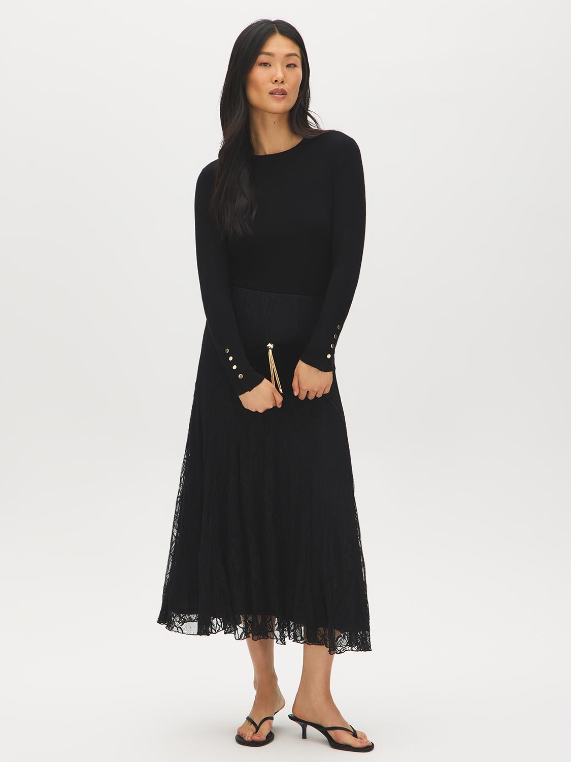 Black Snap Button Sleeve Knit Sweater - Woman Wearing Crew Neck Sweater with Sleeve Detail - Suzy Shier