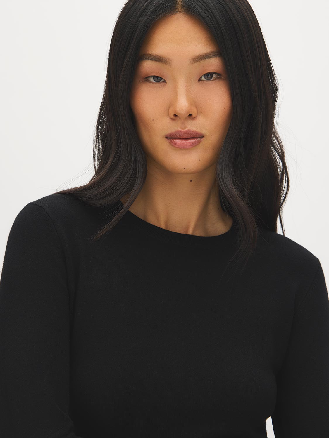 Black Snap Button Sleeve Knit Sweater - Woman Wearing Crew Neck Sweater with Sleeve Detail - Suzy Shier