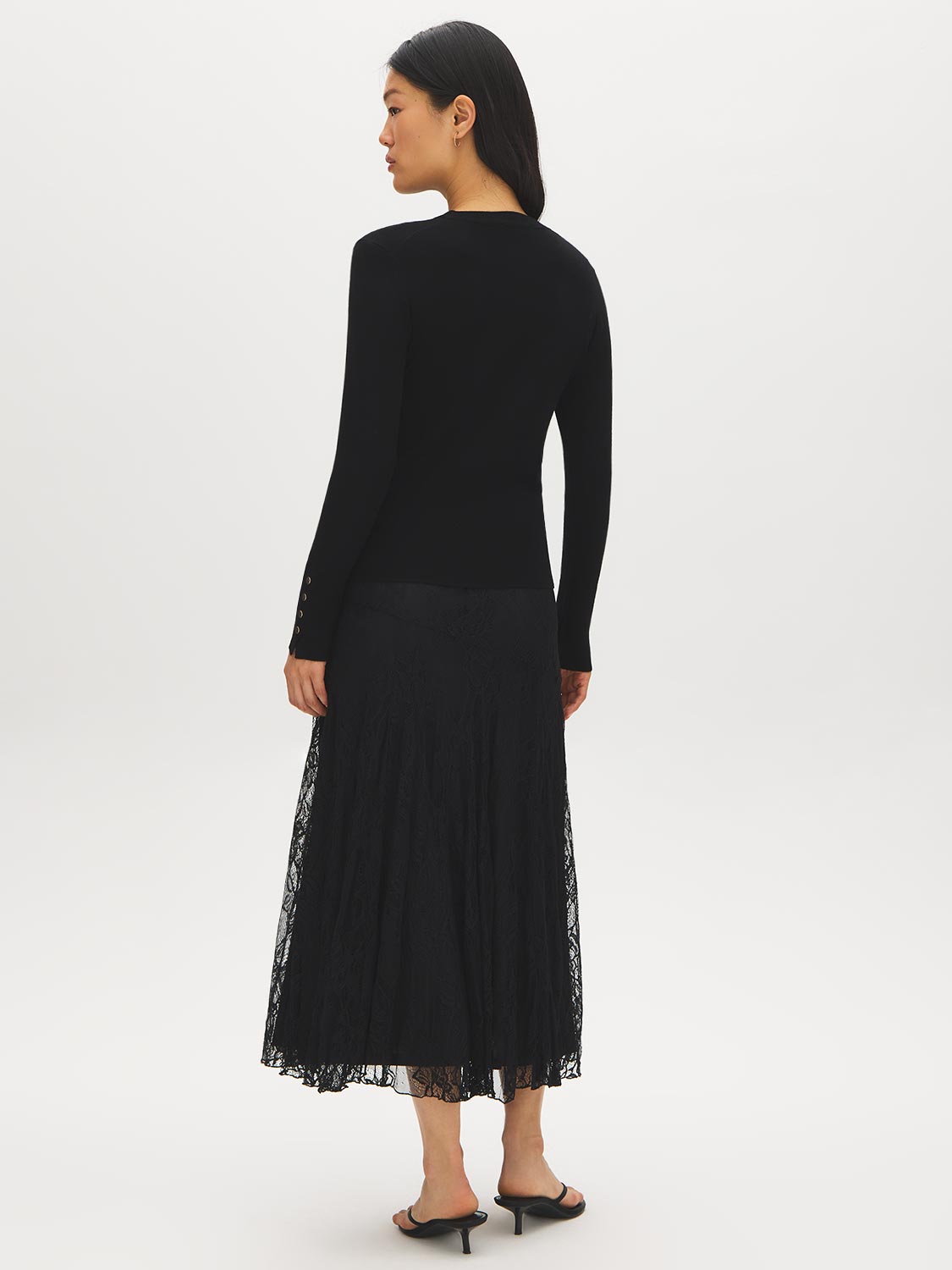 Black Snap Button Sleeve Knit Sweater - Woman Wearing Crew Neck Sweater with Sleeve Detail - Suzy Shier