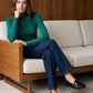 Dk Green Snap Button Sleeve Knit Sweater - Woman Wearing Crew Neck Sweater with Sleeve Detail - Suzy Shier