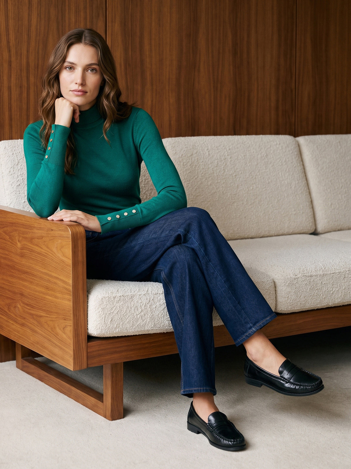Dk Green Snap Button Sleeve Knit Sweater - Woman Wearing Crew Neck Sweater with Sleeve Detail - Suzy Shier