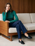 Dk Green Snap Button Sleeve Knit Sweater - Woman Wearing Crew Neck Sweater with Sleeve Detail - Suzy Shier