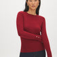 Red Snap Button Sleeve Knit Sweater - Woman Wearing Crew Neck Sweater with Sleeve Detail - Suzy Shier