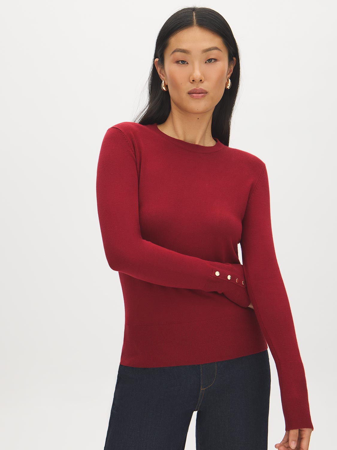 Red Snap Button Sleeve Knit Sweater - Woman Wearing Crew Neck Sweater with Sleeve Detail - Suzy Shier