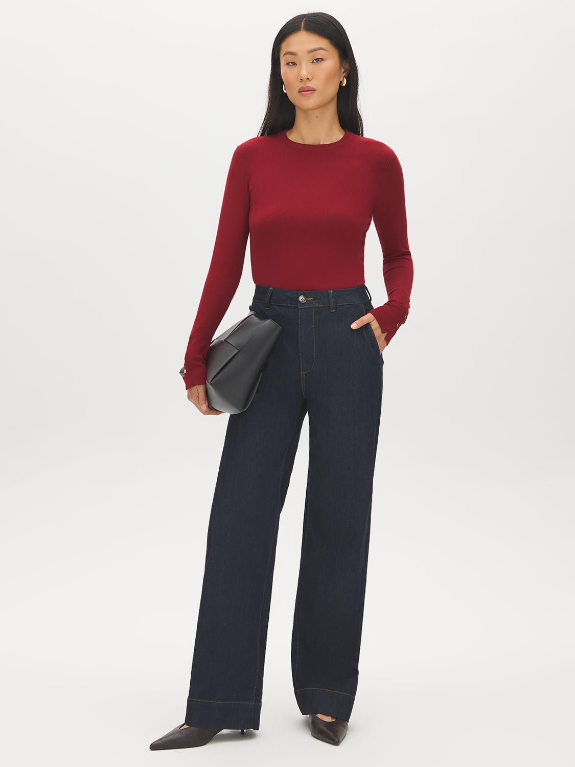 Red Snap Button Sleeve Knit Sweater - Woman Wearing Crew Neck Sweater with Sleeve Detail - Suzy Shier