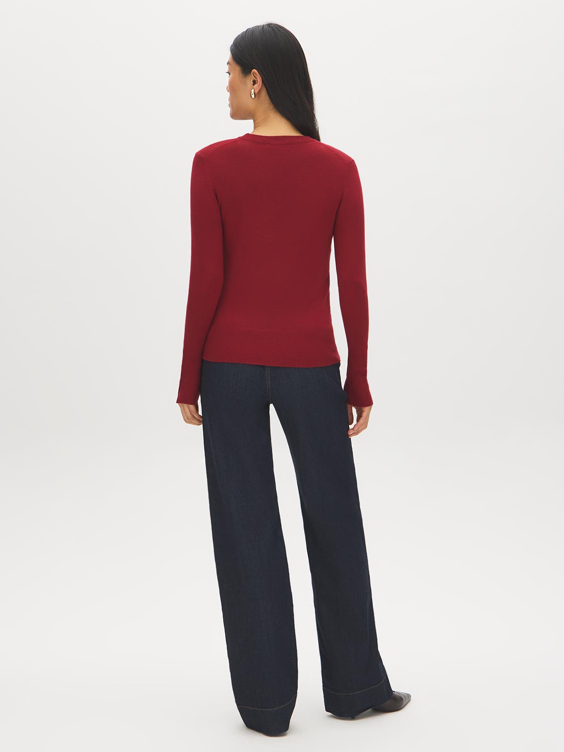 Red Snap Button Sleeve Knit Sweater - Woman Wearing Crew Neck Sweater with Sleeve Detail - Suzy Shier