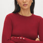 Red Snap Button Sleeve Knit Sweater - Woman Wearing Crew Neck Sweater with Sleeve Detail - Suzy Shier