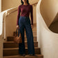 Merlot Snap Button Sleeve Knit Sweater - Woman Wearing Crew Neck Sweater with Sleeve Detail - Suzy Shier