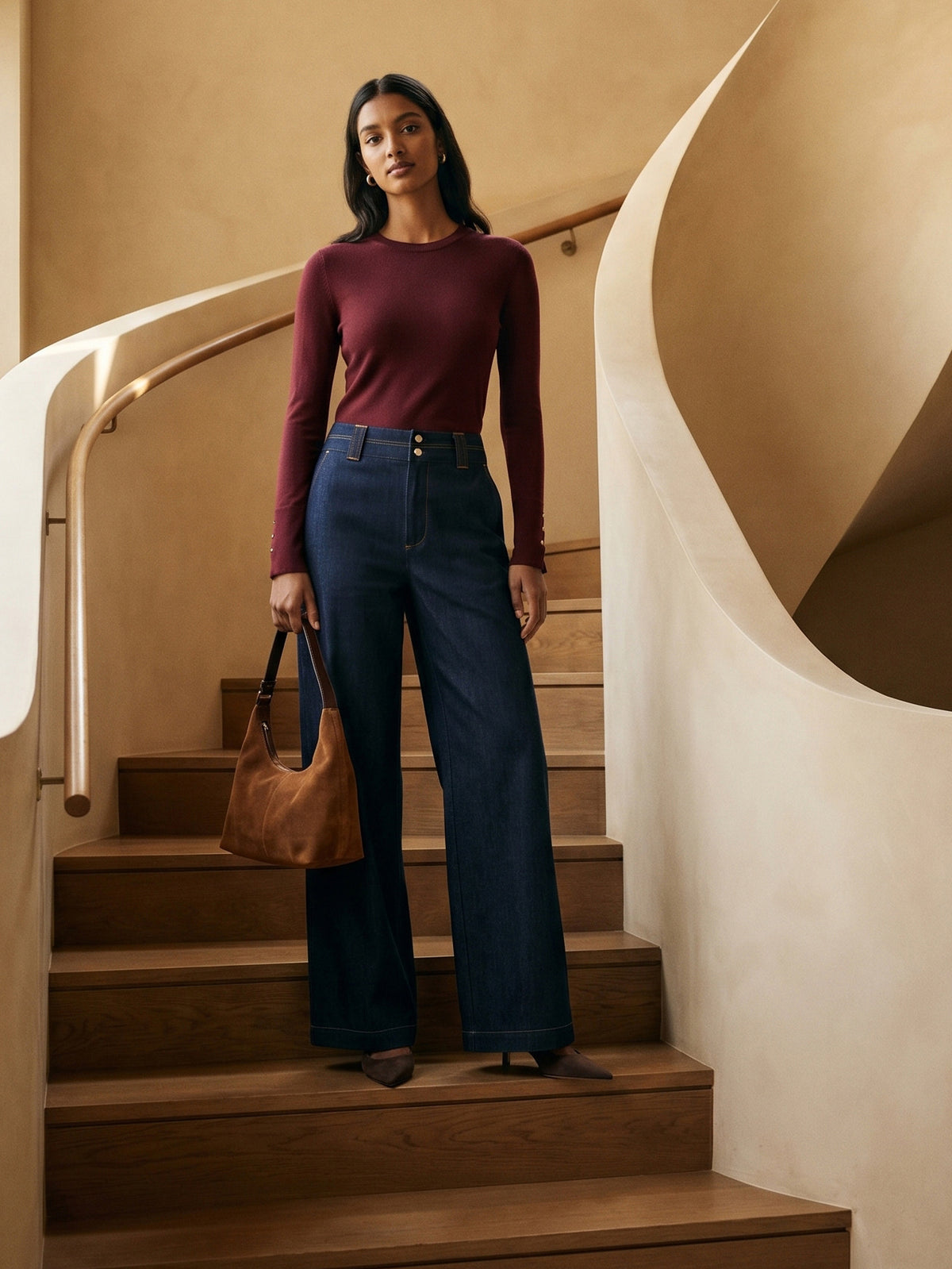 Merlot Snap Button Sleeve Knit Sweater - Woman Wearing Crew Neck Sweater with Sleeve Detail - Suzy Shier