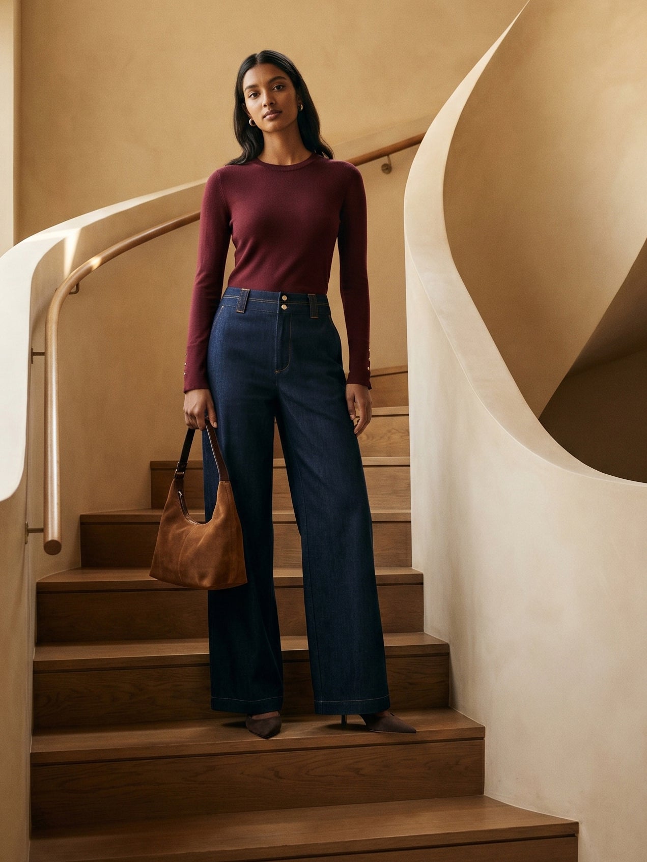 Merlot Snap Button Sleeve Knit Sweater - Woman Wearing Crew Neck Sweater with Sleeve Detail - Suzy Shier