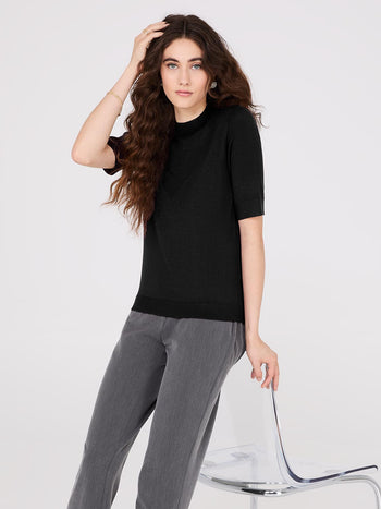 Mock Neck Elbow Sleeve Top Black