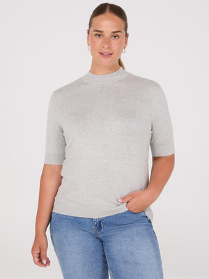 Mock Neck Elbow Sleeve Top Lt Grey