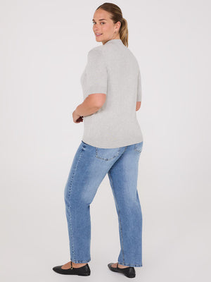 Mock Neck Elbow Sleeve Top Lt Grey