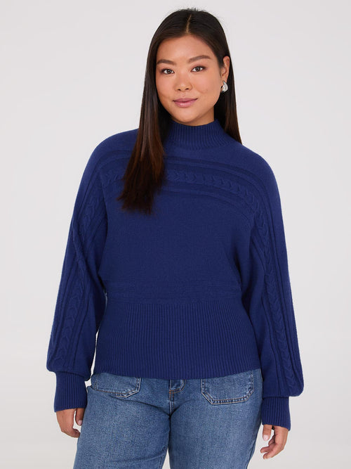 Cable Knit Mock Neck Dolman Sleeve Sweater