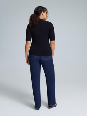 Elbow Sleeve Mock Neck Top Black