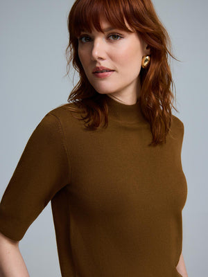 Elbow Sleeve Mock Neck Top Amber Brown