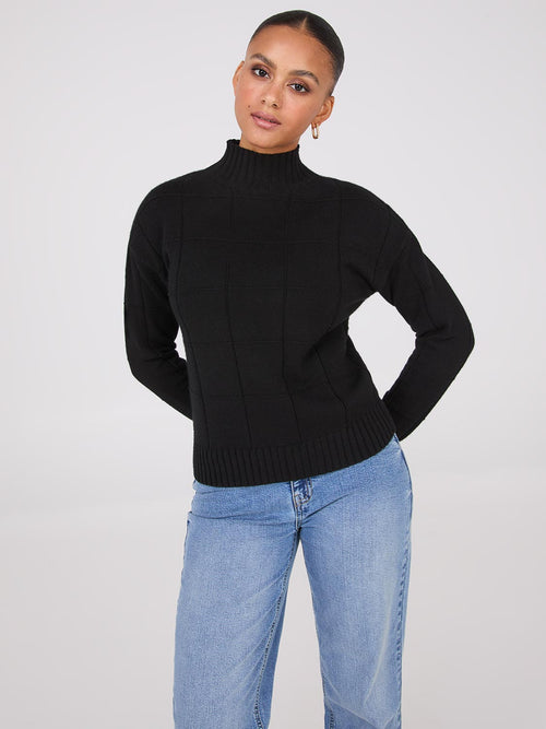 Square Pattern Mock Neck Sweater