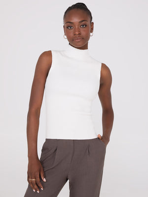 Ribbed Funnel Neck Sleeveless Sweater Pearl