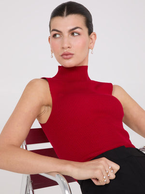 Ribbed Funnel Neck Sleeveless Sweater Rumba Red