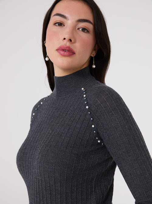 Mock Neck Sweater With Pearl Details