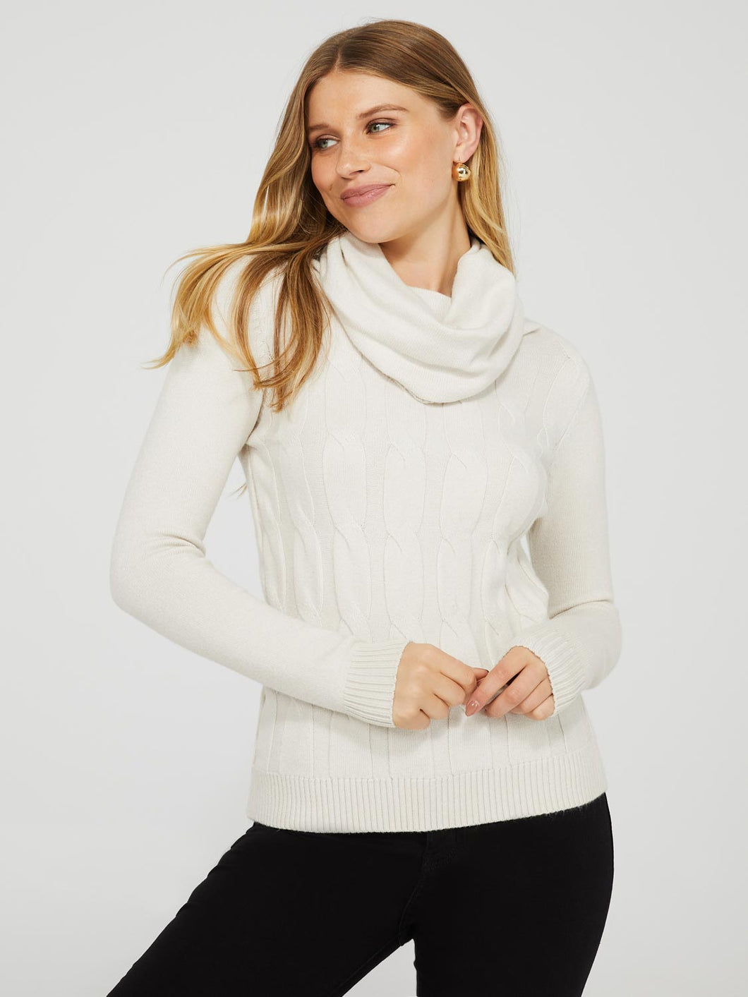 Cowl Neck Cable Knit Front Sweater