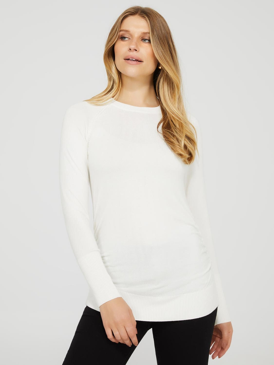 Long Sleeve Round Neck Top With Side Ruching Detail