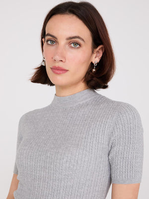 Short Sleeve Cable Knit Sweater Grey