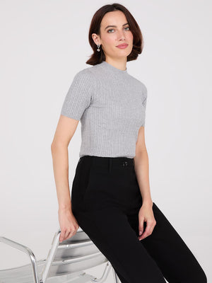 Short Sleeve Cable Knit Sweater Grey