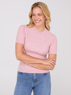 Short Sleeve Cable Knit Sweater Pink Dust