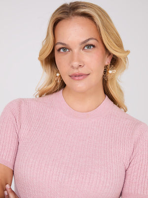 Short Sleeve Cable Knit Sweater Pink Dust